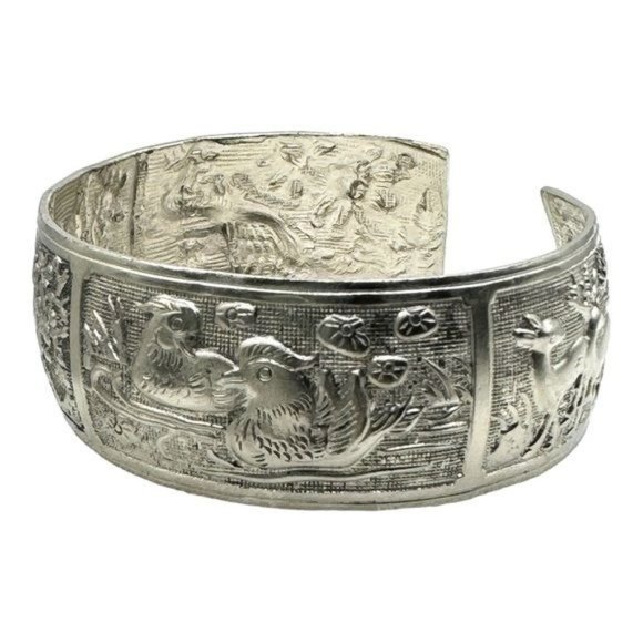 Tibetan Silver Bangle Cuff Bracelet with Peacocks, Love Birds and Deer Scenes - Picture 4 of 11